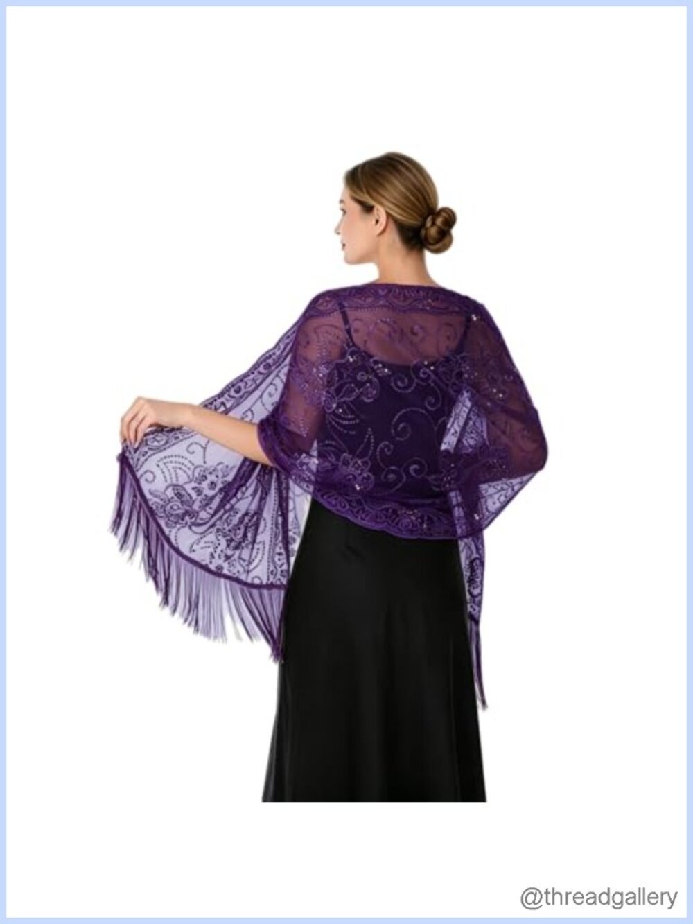 Sequin Floral Embroidered Fringe Shawl Wrap for Wedding Evening Party